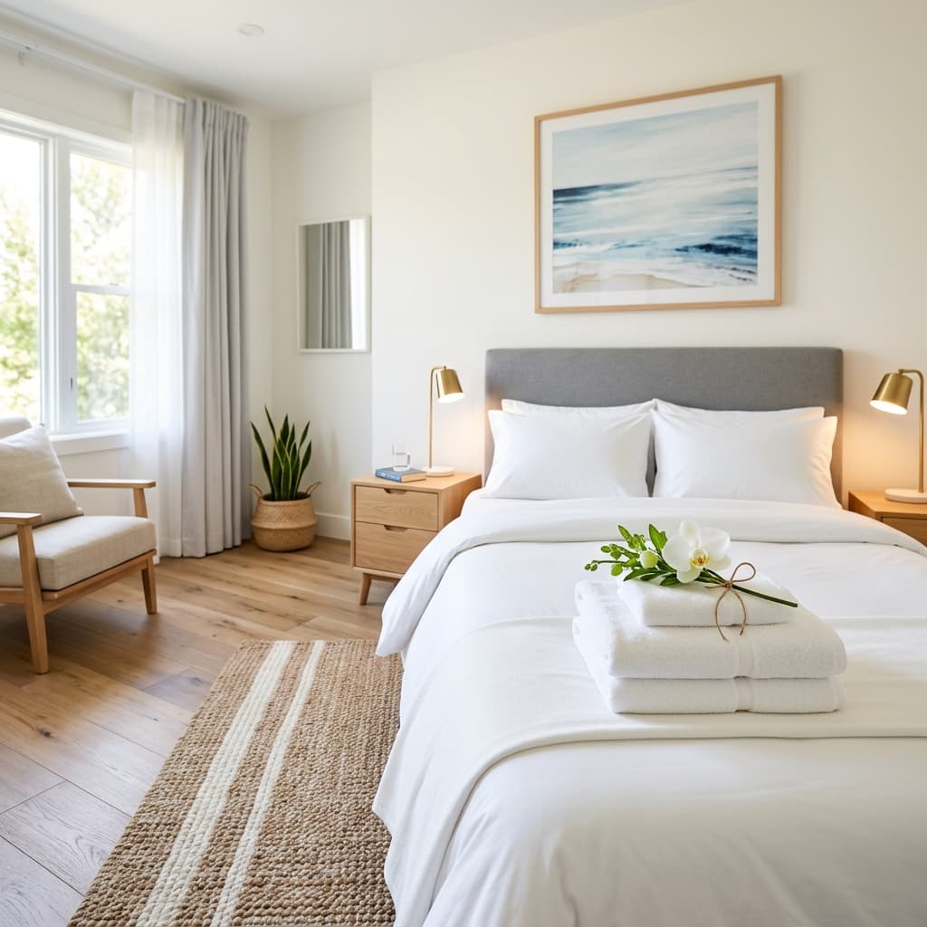 Prism hotel-styled bedroom with fresh linens and folded towels on the bed