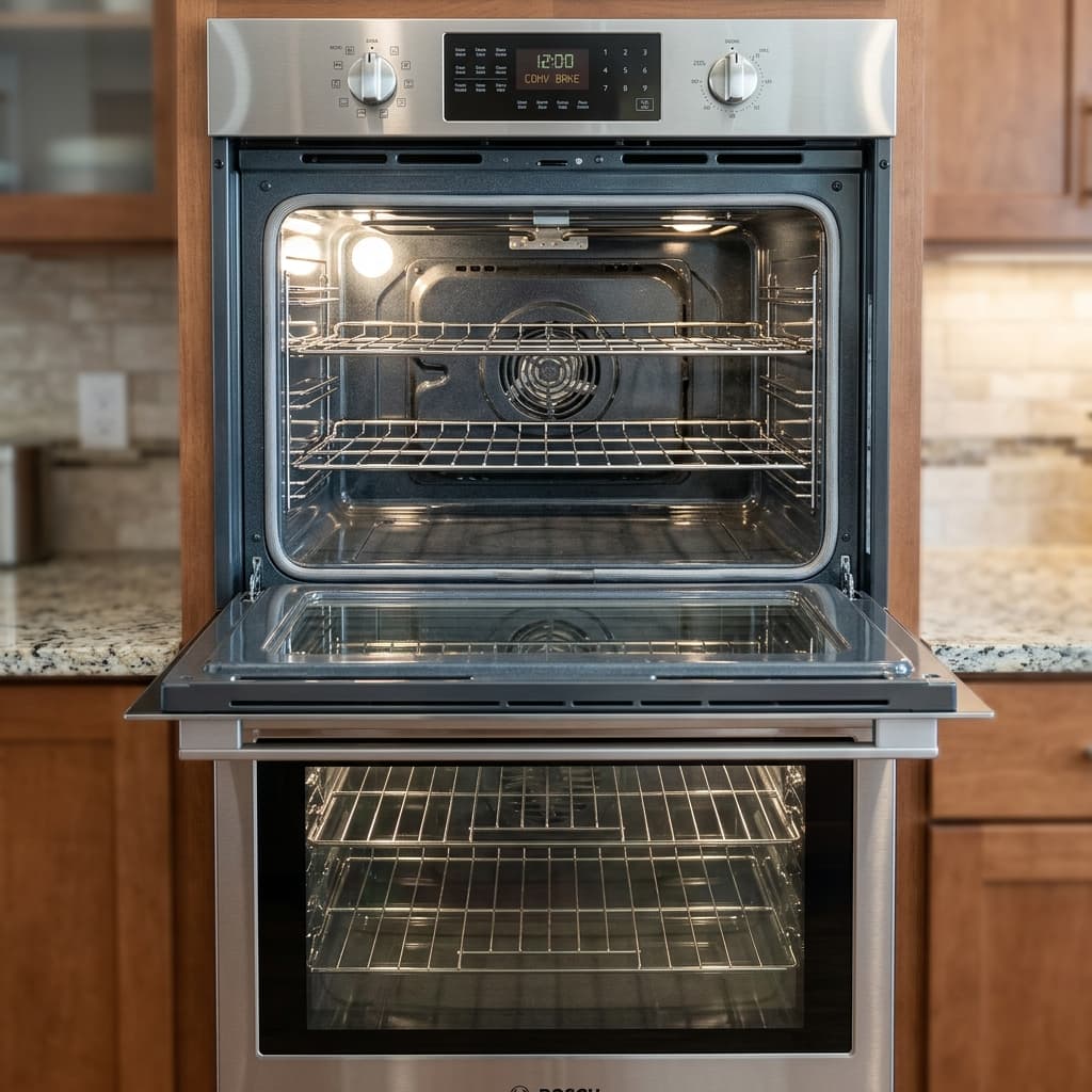 Spotless, clean interior of a modern double oven with wire racks
