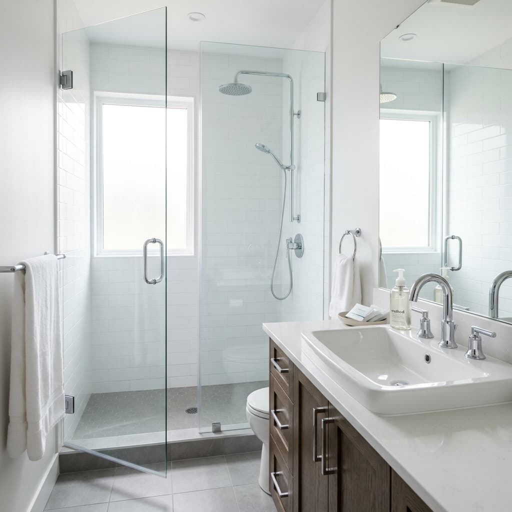 Professional bathroom cleaning service leaving a shower cubicle and chrome fixtures clean and sanitised
