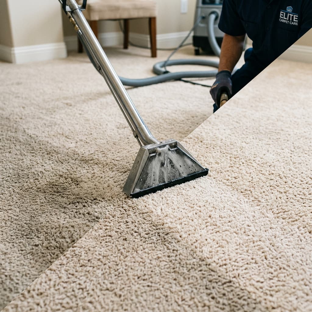 Professional steam carpet cleaning wand showing a clean path on plush carpet