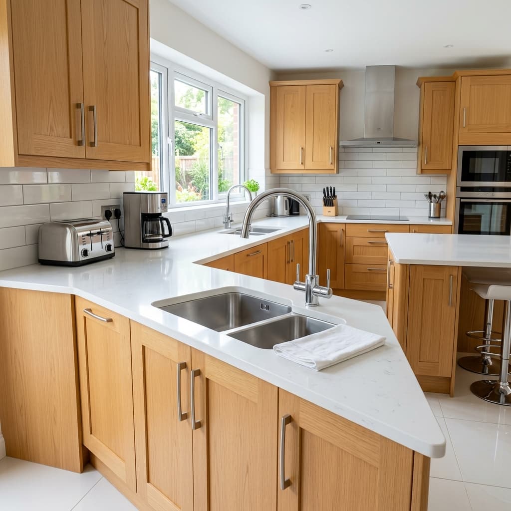 Professional cleaner providing kitchen deep cleaning in a clean domestic kitchen
