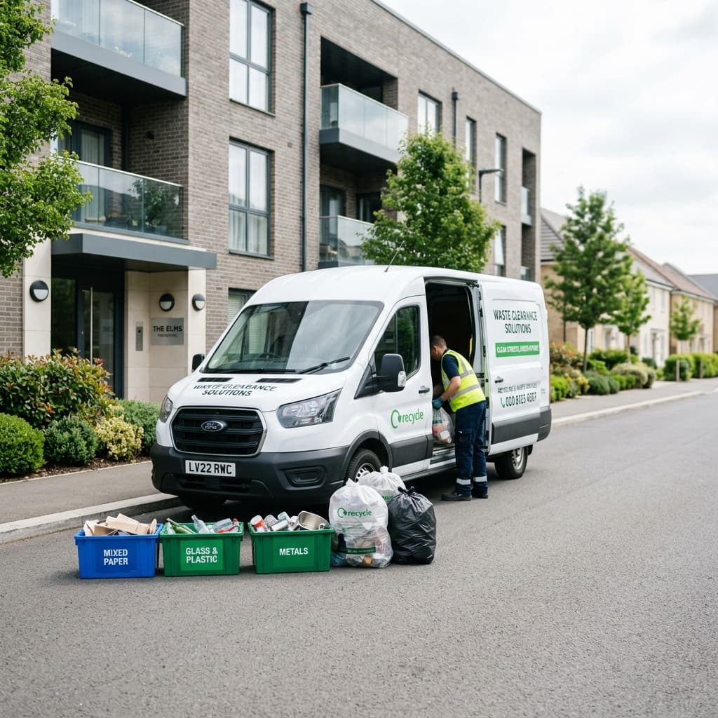 A clean waste collection van parked near a house with sorted recycling boxes