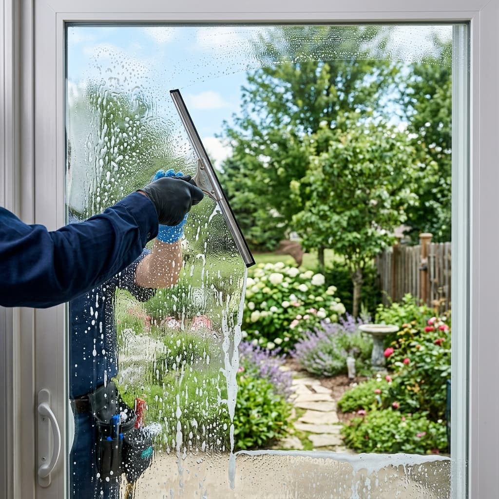 A window squeegee cleaning a glass window pane to a streak-free finish