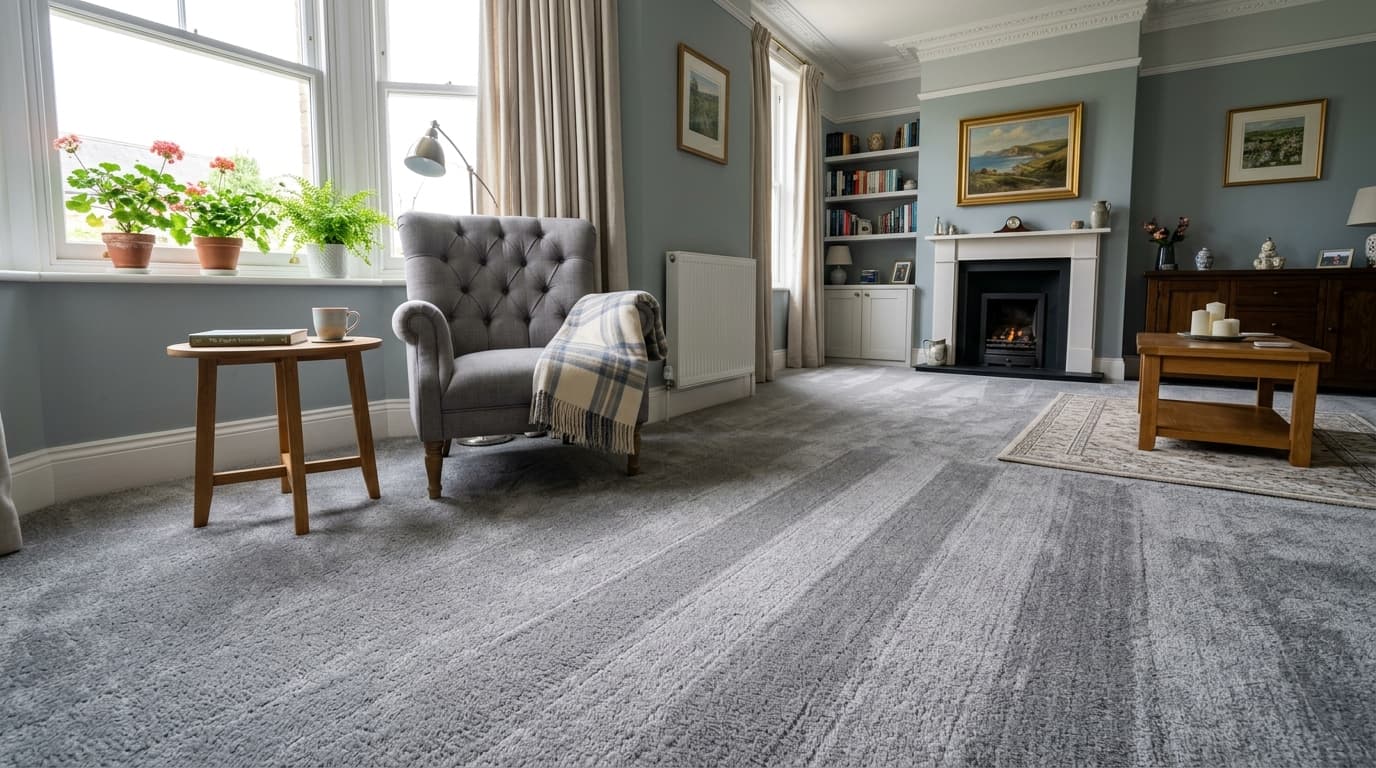 Freshly steam-cleaned plush living room carpet with immaculate vacuum lines in a bright British home