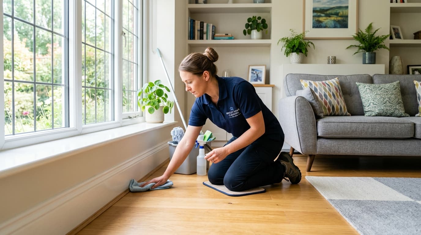 Professional cleaner detailing skirting boards and floor edges during a home deep clean in a bright living room