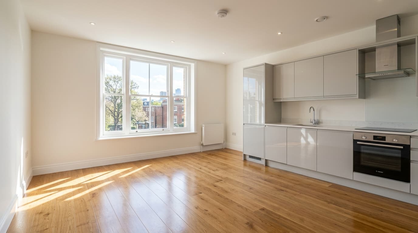 Spotless empty rental apartment interior ready for landlord checkout inspection with gleaming kitchen and polished floor